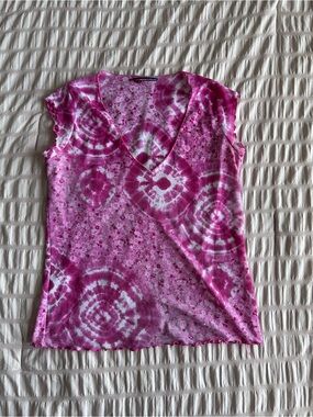 Pink Y2K Style Tie Dye Mesh V-Neckline Top (XS/S)